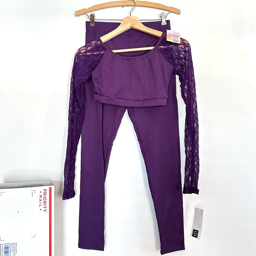 BALTOGS dancewear set purple lace crop top and leggings